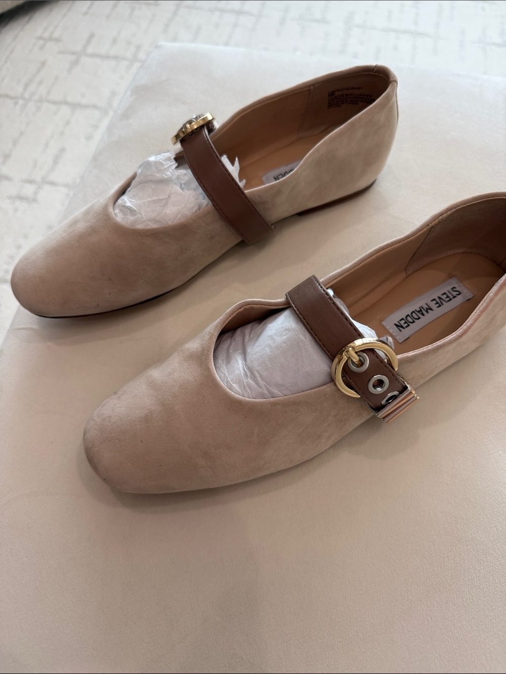 Steve Madden Taupe Suede Mary Jane Flats with Brown Strap - Picture 2 of 3